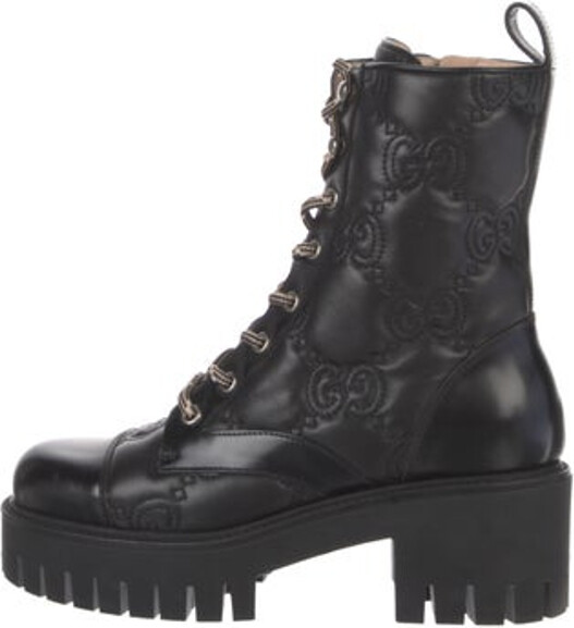 Gucci Leather Ankle Combat Boots Black GG Logo Round-Toes with Embroidered Accent Platform Lace-Up Closure at Uppers
