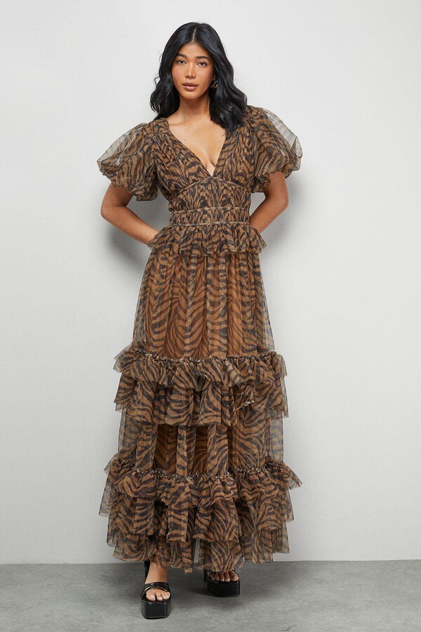 Warehouse Zebra Print Tulle Ruffle Maxi Dress
