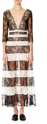 Carolina Herrera Striped Lace 3/4-Sleeve Gown, Black/White