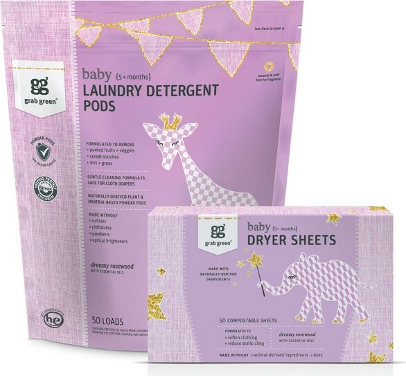 Grab Green Baby Laundry Detergent Pods and Dryer Sheets, 50 Pods + 80