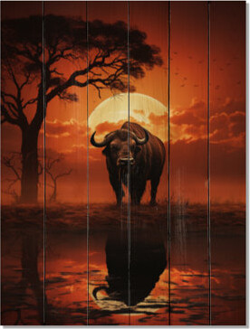 Rosalind Wheeler Red Black Buffalo Silhouette Serenade - Animals Print on Natural Pine Wood