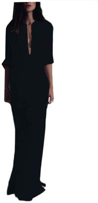 FieerWomen Split Long Sleeve Shirts Solid-Colored Cotton Maxi Dress M