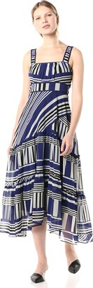 Taylor Dresses Women's Strappy Mixed Stripe Ruffle Bottom Midi Dress