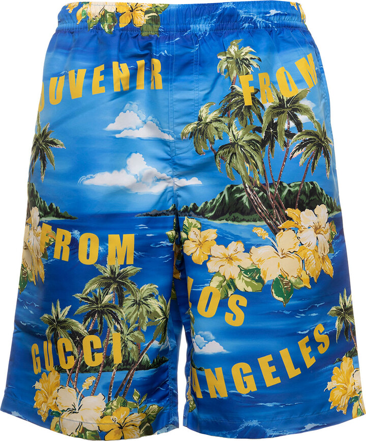 Gucci Light-blue Swim Shorts With All-over Graphic Print In Nylon Man