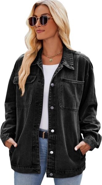ClearFlower Women'sVintageDenimJacketClassicShirtCollarMulti-PocketDesignButtonDarkgreyL