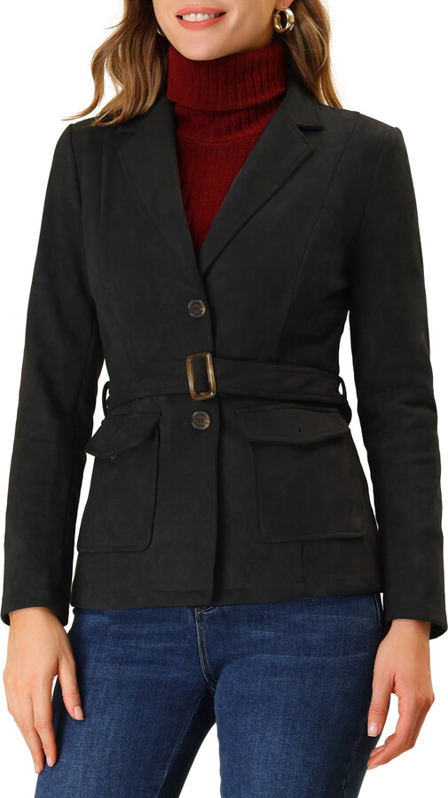 Unique Bargains Women’s Faux Suede Belted Long Sleeve Single Breasted Blazer XL Black