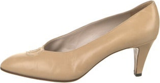 Chanel Leather Pumps By Karl Lagerfeld Neutrals Interlocking CC Logo Semi-Pointed Toes Designer