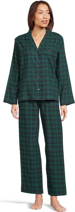 Eberjey Flannel Long Pj Set Women's Pajama Sets Black Watch Tartan Rainforest/Na : SM, Cotton/Flannel