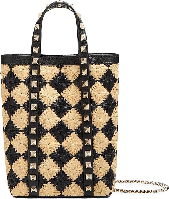 Valentino Garavani Women's Mini Tote With Synthetic Raffia Embroidered Rockstud Chain - Natural Black