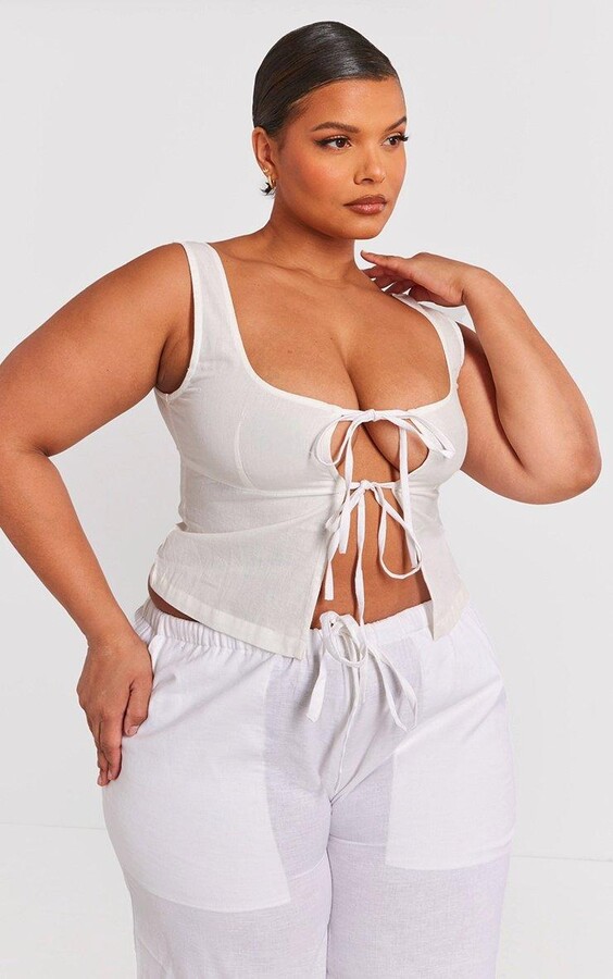 Plus White Linen Look Tie Front Cami Top ShopStyle