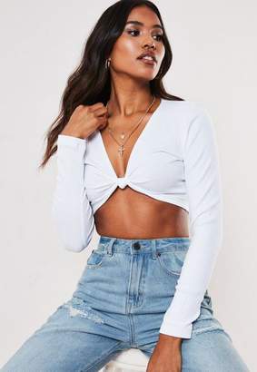 Missguided White Rib Long Sleeve Knot Front Crop Top