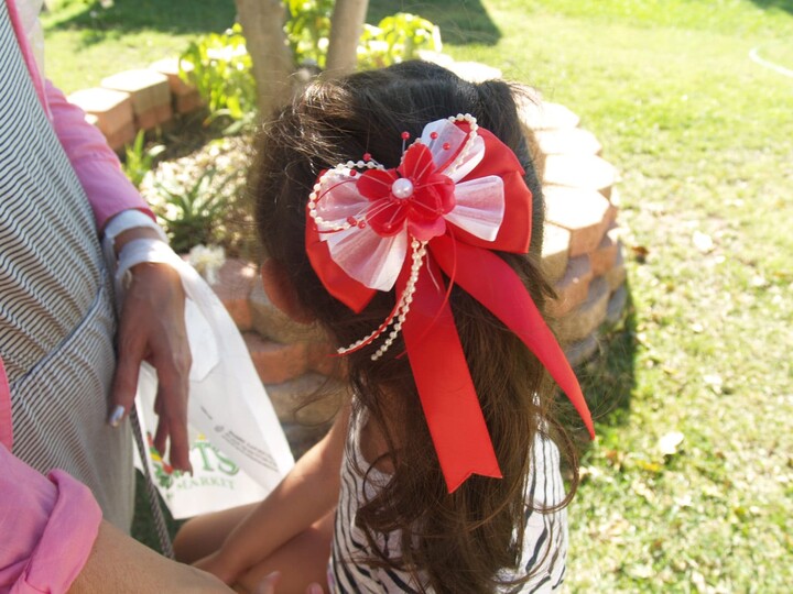Etsy Girls Red Bow Organza, Pearls & Satin Ribbon #012 For Pony Tails With Metal Barrette