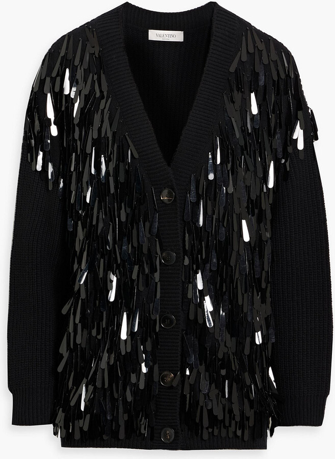 Sequin-embellished ribbed wool cardigan
