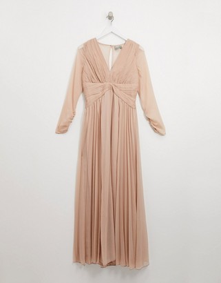 ASOS Maternity ASOS DESIGN Maternity Bridesmaid ruched waist maxi dress with long sleeves and pleat skirt in blush