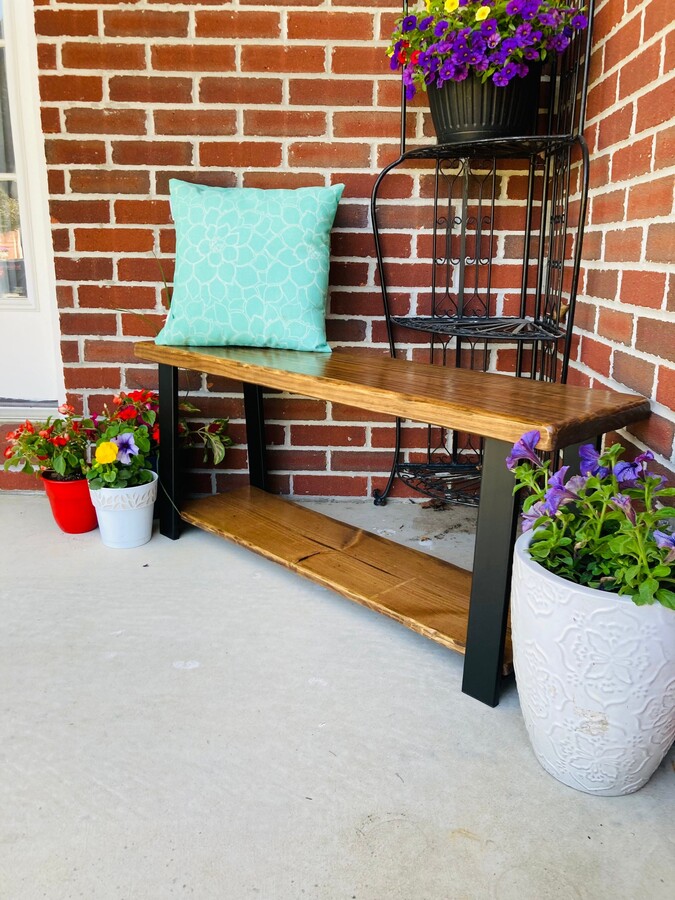 Entryway Bench Reclaimed Wood & Steel Legs, With Storage, Shoe Rack, Farmhouse Decor, Storage Bench, Reclaimed Wood