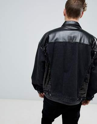 ASOS Design DESIGN oversized denim jacket with vinyl and sequin panels in black