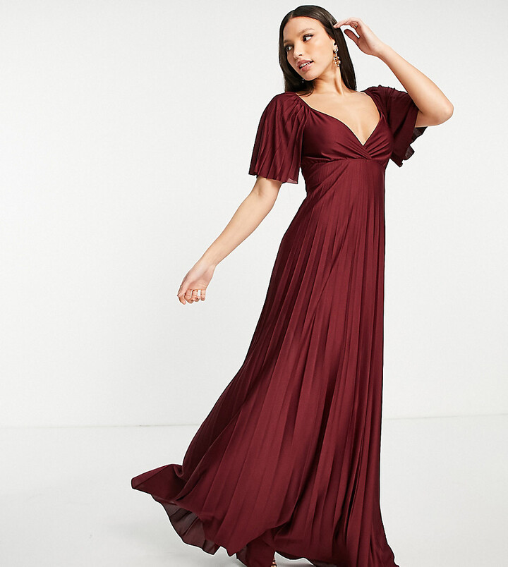 ASOS Tall ASOS DESIGN Tall pleated twist back cap sleeve maxi dress in dark  red - ShopStyle