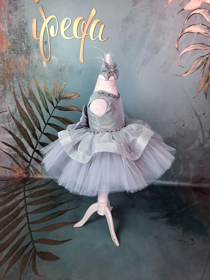 Toddler Prom Dress, Sparkly Silver Girl Birthday Gown, Gray Baby Frock, Princess Garment