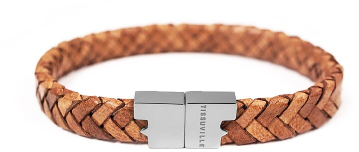 Brown Silver USUASI Mens DIY Handmade Leather Bracelet Genuine Woven Feather Style Metal Wristband 
