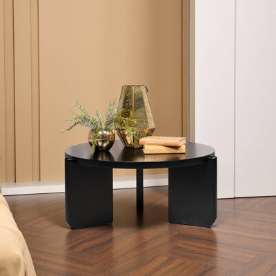 Black Round Solid Rubberwood Coffee Table for Living Room