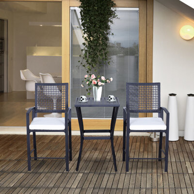 Bay Isle Home 3pcs Patio Bar With Comfy And Soothing Cushion, Outdoor Furniture. Suited For Backyards, Lawn, Deck, Poolside. Tall Chairs Footrest, All Weather, Blac