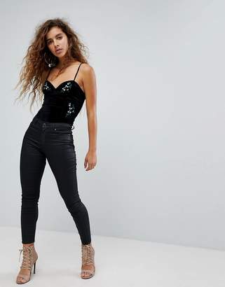 Fashion Union Cami Body With Embroidery In Velvet