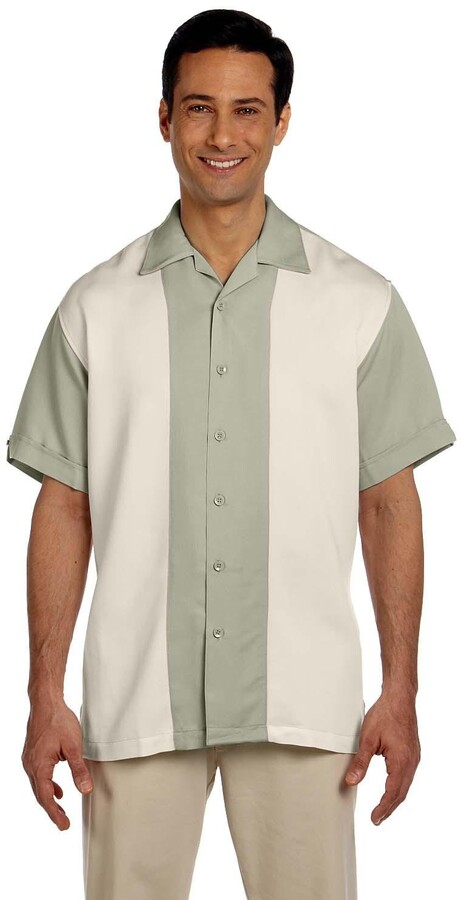Creme XL Green Mist Harriton Mens Two-Tone Bahama Cord Camp Shirt
