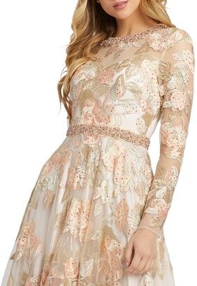 Mac Duggal Floral Embroidered Long-Sleeve A-Line Gown