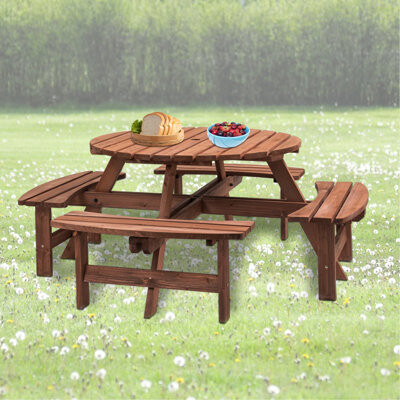 Red Barrel Studio 8 Person Wooden Picnic Table, Outdoor Camping Dining Table With Seat, Garden, DIY W/ 4 Built-In Benches
