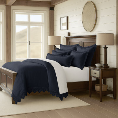 6ix Tailors Fine Linens Elsie Lace True Navy Cotton Comforter Set 6 Pieces