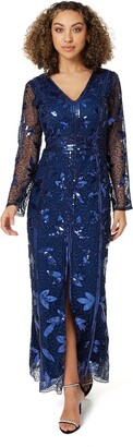 Izabel London Sequin Long Sleeve Maxi Dress with v-Neck Sheer mesh Sleeves and Front Split Hem. Navy