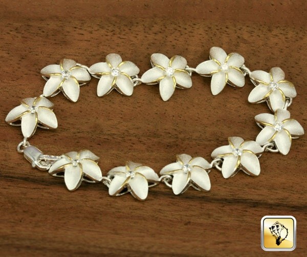 Etsy sterling Silver 2Toned 15mm Hawaiian Plumeria With Clear Cz Design Bracelet | B501 15mm