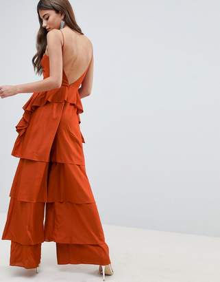 ASOS Design DESIGN Tiered Jumpsuit With Lace Up Front