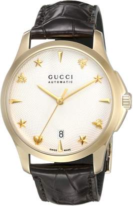 Gucci Men's Swiss Automatic Gold-Tone and Leather Dress Watch, Color:Brown (Model: YA126470)