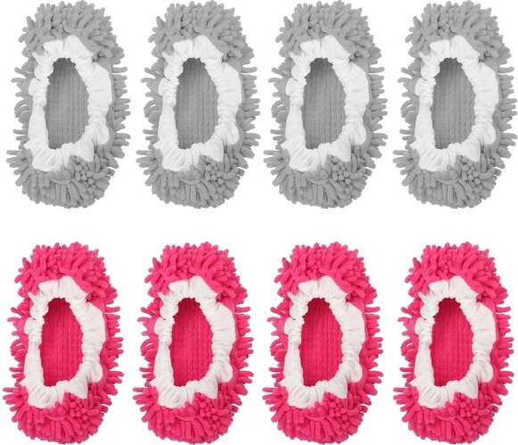 Unique Bargains Washable Microfiber Floor Cleaning Shoes Cover Chenille Duster Foot Socks Mop Slippers Grey/Fuchsia