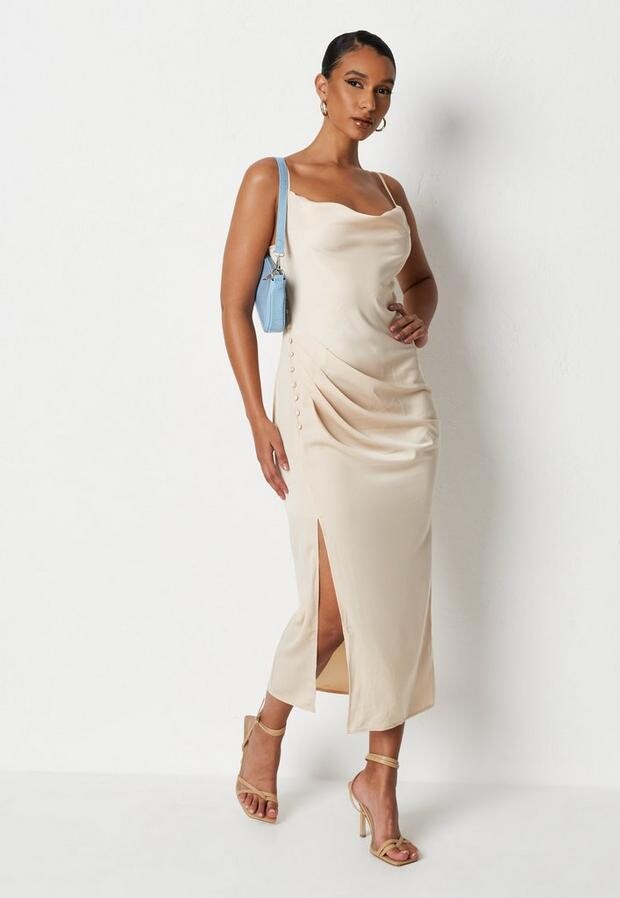 Missguided Tall Cream Satin Cowl Neck Button Detail Midaxi Dress - ShopStyle