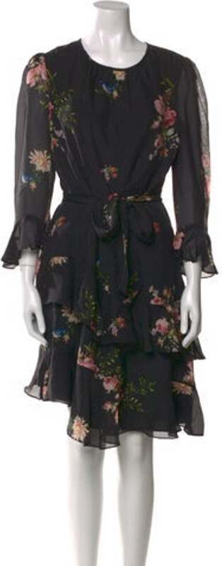 Joie Silk A-Line Dress Black Floral Print Pleated, Ruffle, Keyhole & Bow Accents Three-Quarter Sleeve with Crew Neck Concealed Zip Closure at Side Designer