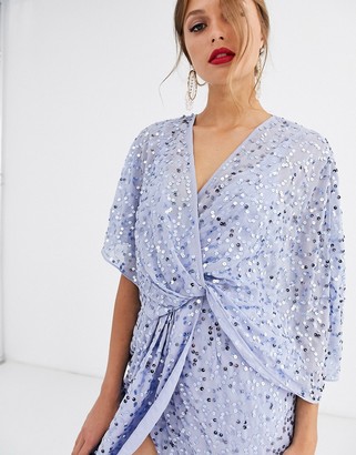 ASOS DESIGN DESIGN scatter sequin knot front kimono midi dress