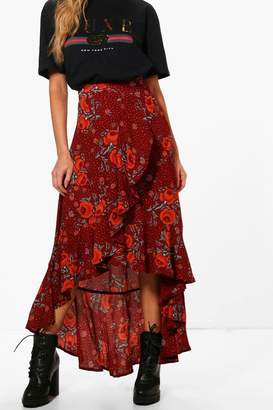 boohoo Woven Floral Frill And Wrap Midi Skirt