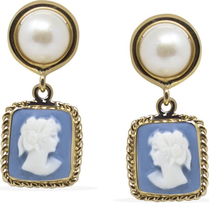 Vintouch Italy White / Blue / Gold The Beloved Gold-Plated Sky Blue Cameo And Pearl Earrings