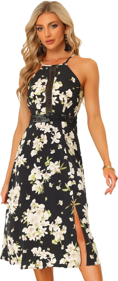 Unique Bargains Women’s Boho Floral Split Sleeveless Halter Neck Dresses XL Black