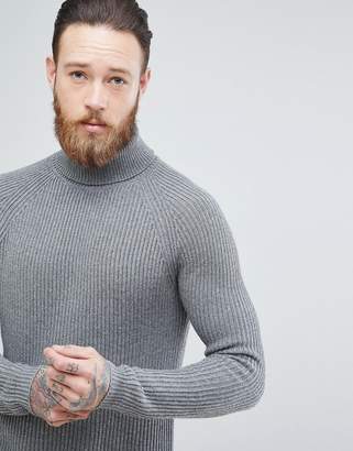 ASOS Ribbed Wool Roll Neck Jumper In Charcoal