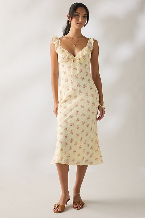 Kiss The Sky Belle Floral Chiffon Ruffle Slip Midi Dress in Light Yellow