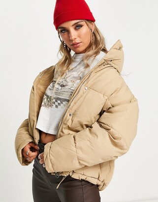 Bershka oversized padded puffer coat in camel - ShopStyle