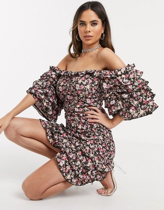 In The Style ruffle off shoulder dress in floral