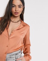 Thumbnail for your product : ASOS DESIGN relaxed satin long sleeve shirt in peachy tan-No colour
