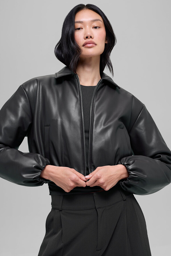Alo | Faux Leather Cropped Premier Bomber Jacket in Black, Size: XS