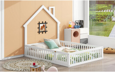 Harper Orchard Full Size House Bed With Wood Guardrail - White, Elegant Look White Rustic Bed, Bedroom Enhancement