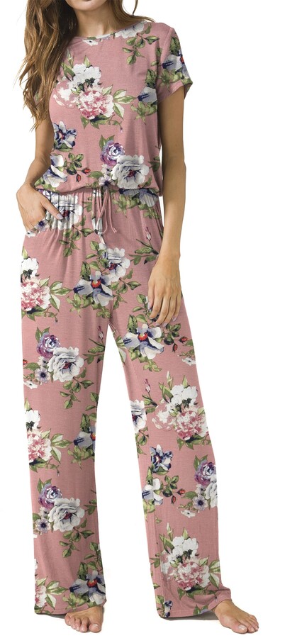 Womens Short Sleeve Floral Print Wide Leg Pants Jumpsuit Rompers