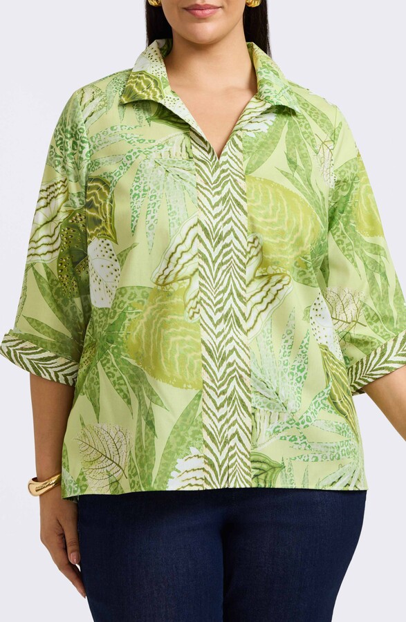 Foxcroft Agnes Mixed Print Three-Quarter Sleeve Cotton Popover Top